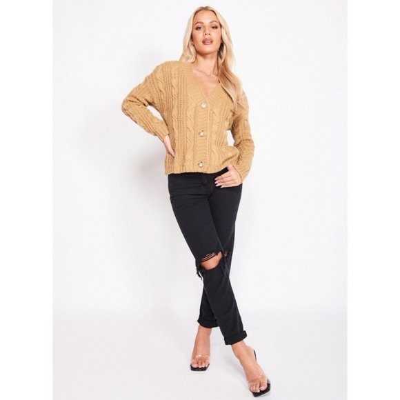 Brown Knitted Long Sleeve V-Neck Loose Fit Sweater Cardigan - Picture 3 of 8